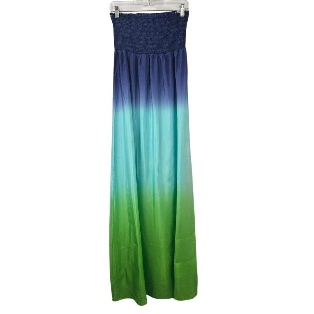 Lilly Pulitzer Women's Large Green & Blue Dip Dye 100% Silk Strapless Maxi Dress - Picture 12 of 16